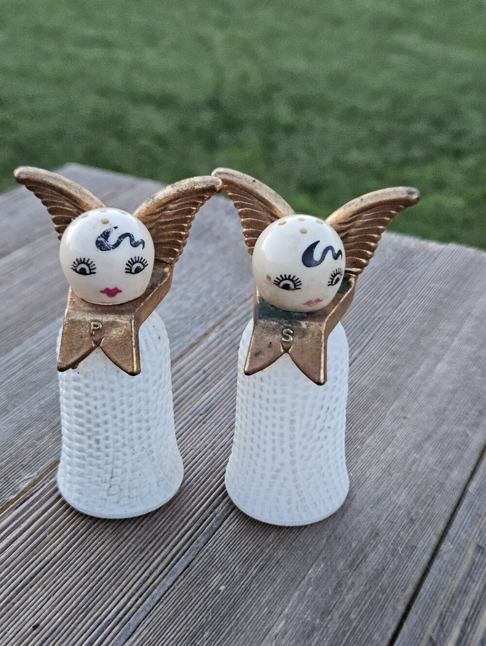 Vintage 1950s Frosted Glass Angel Salt & Pepper Shaker Set Gold Wings MCM